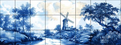 Tile mural with windmill, stream and trees in blue-and-white classic style – decorative ceramic tile